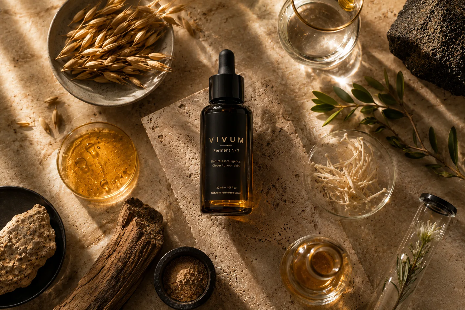 Flatlay van de ingredi&euml;nten: koji rijst, squalaan, enoki-ferment, botanicals, en de VIVUM flacon op travertijn