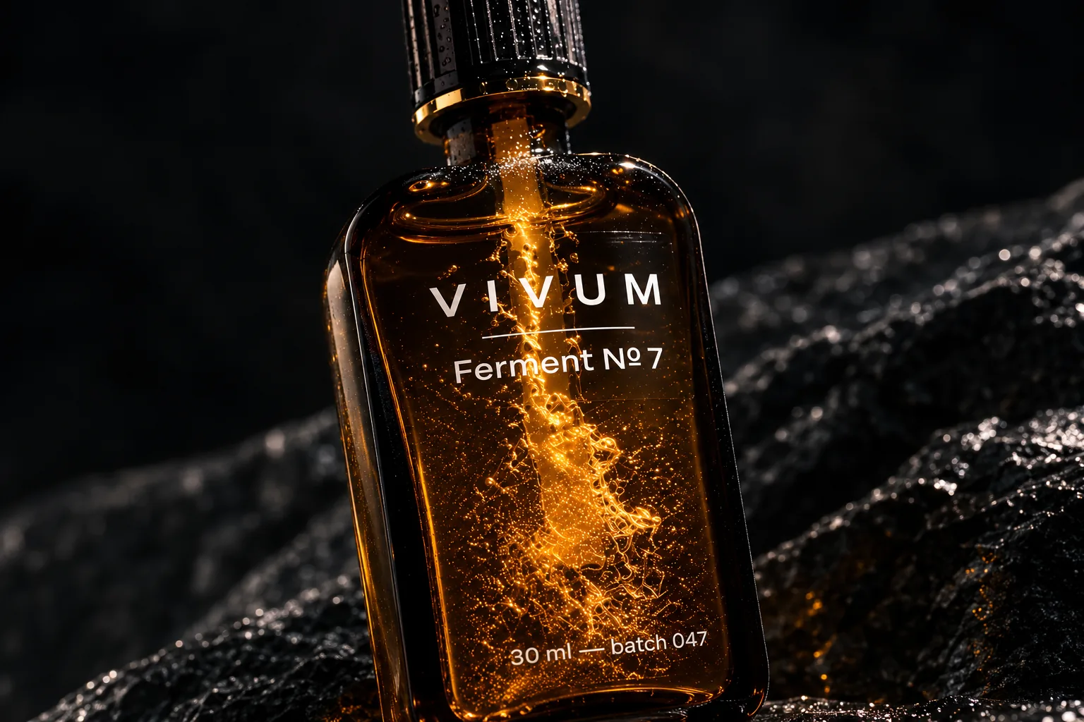 Macro close-up van de VIVUM flacon met batch 047 gegraveerd, op nat zwart gesteente