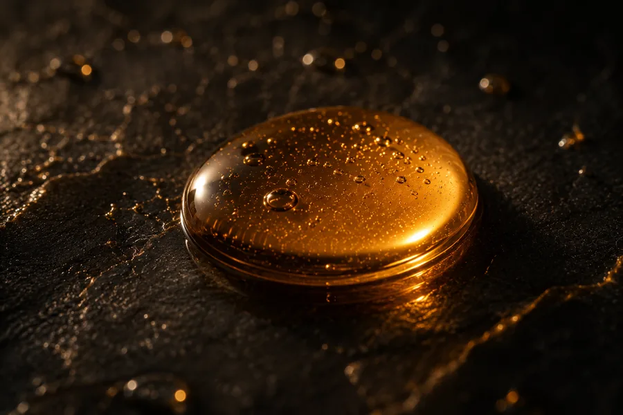 Macro van &eacute;&eacute;n gouden serumdruppel op zwarte steen