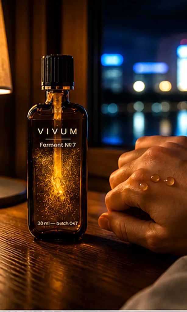 VIVUM flacon op nachtkastje bij een stadszicht in de nacht, drie druppels op de hand