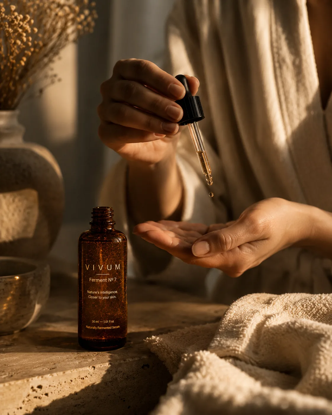 Handen die serum in de handpalm druppelen bij ochtendlicht