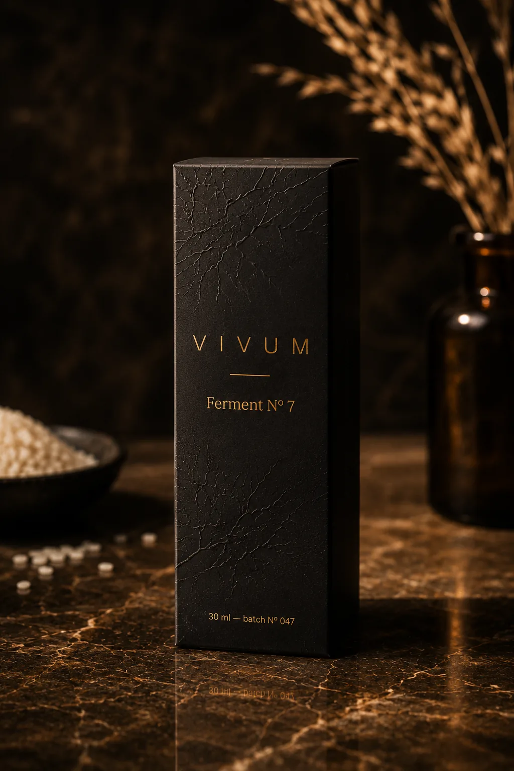 VIVUM Ferment N&ordm; 7 verpakking &mdash; matte zwarte kartonnen doos met subtiele mycelium-ets in de druk en gouden typografie