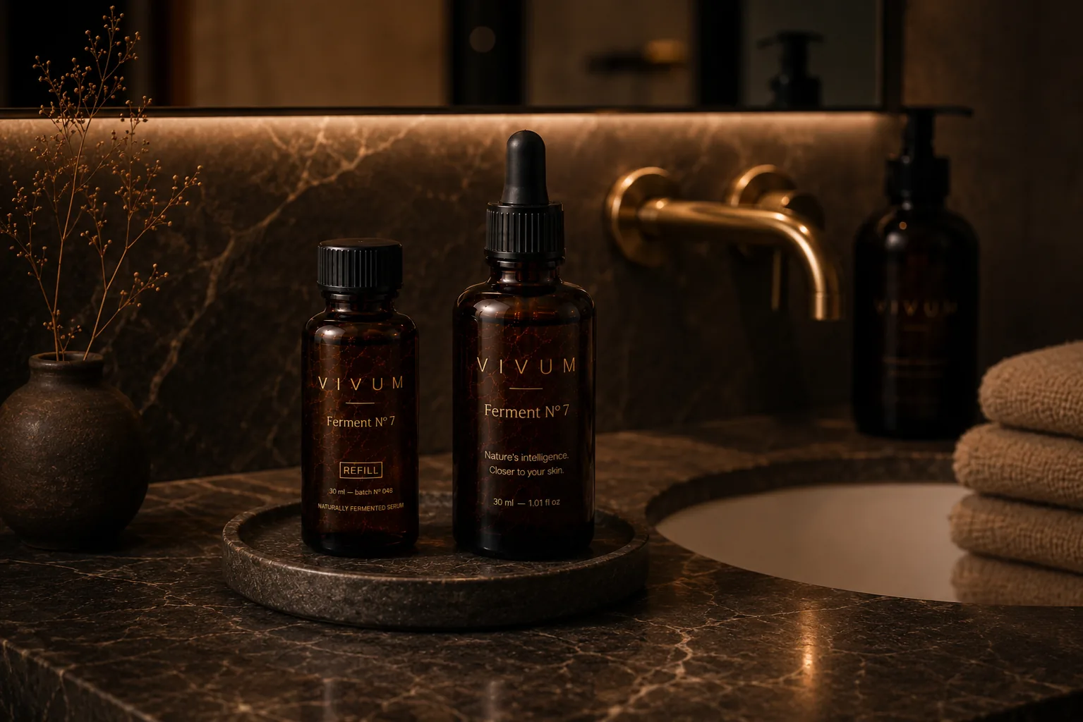 VIVUM Ferment N&ordm; 7 &mdash; activatie-flacon en refill samen op een stenen dienblad in de badkamer