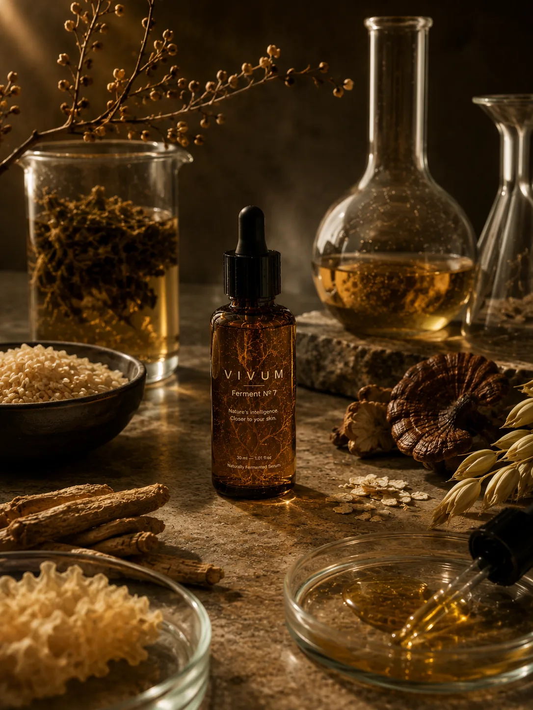 Apotheek-still: VIVUM flacon tussen glazen beakers, gedroogde reishi, koji-rijst en botanicals in warm laboratoriumlicht